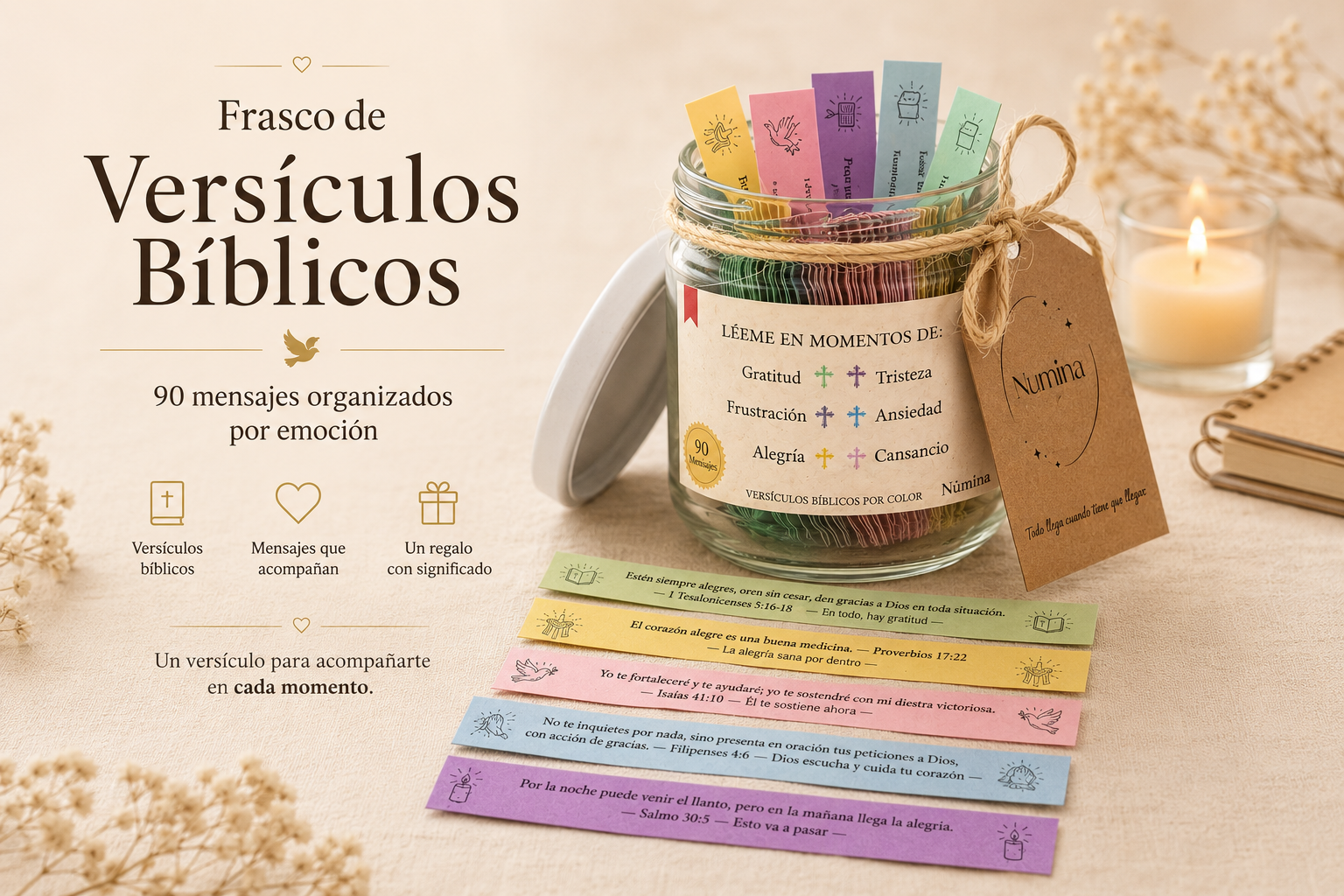 Fe y Esperanza — 90 Versículos para el Alma — Frasco artesanal Numina con 90 mensajes
