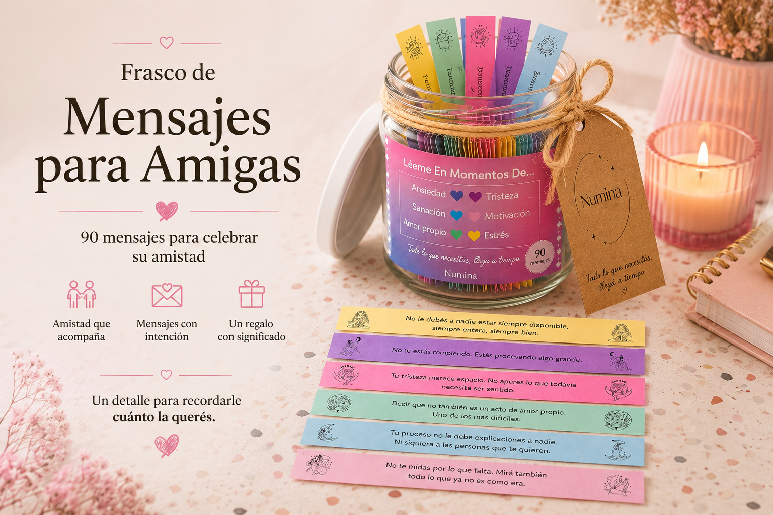 Amistad — 90 Mensajes para Acompañar — Frasco artesanal Numina con 90 mensajes