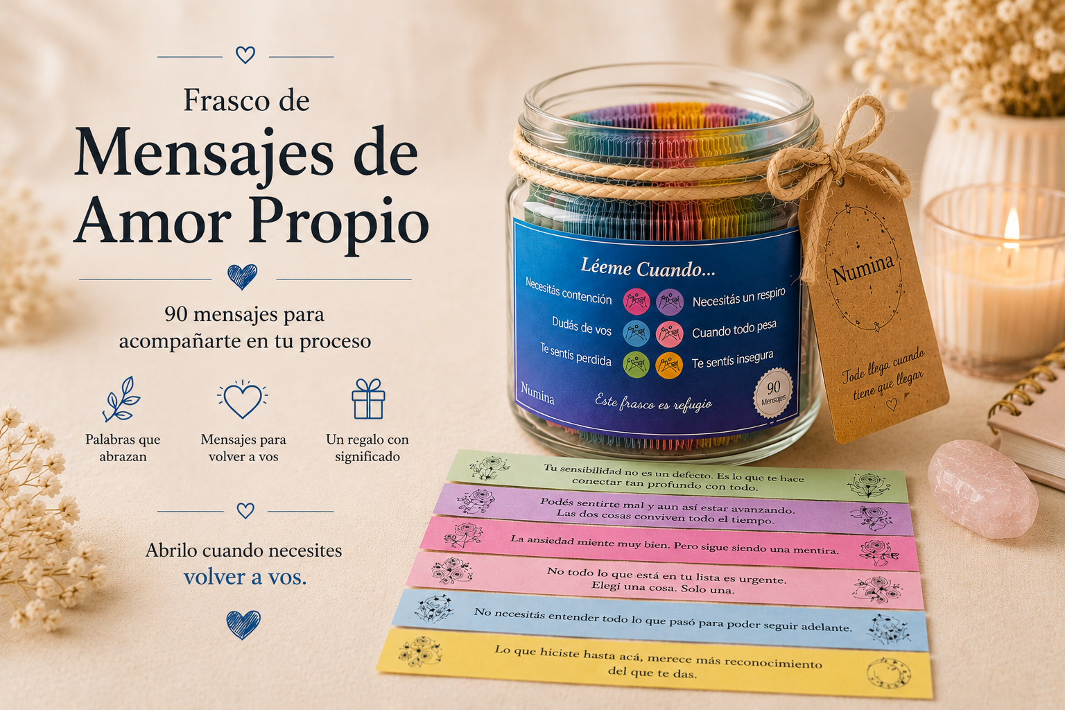 Amor Propio — 90 Mensajes que Abrazan — Frasco artesanal Numina con 90 mensajes