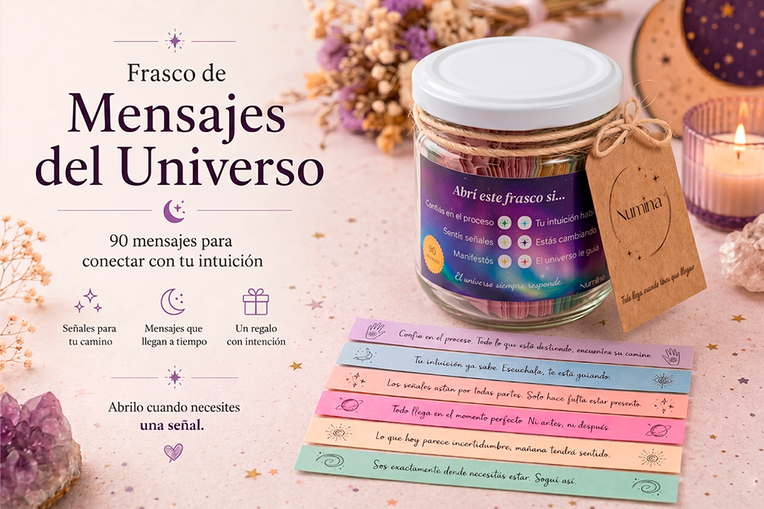 Universo — 90 Mensajes de Manifestación — Frasco artesanal Numina con 90 mensajes